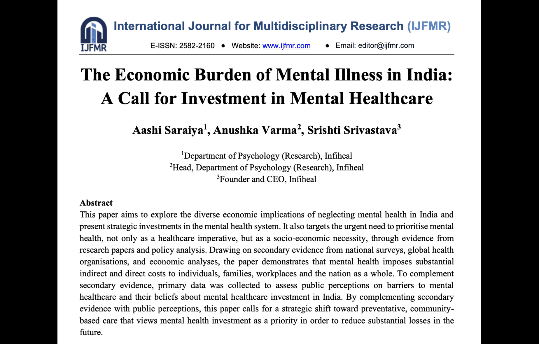 The Economic Burden of Mental Illness in India: A Call for Investment in Mental Healthcare 